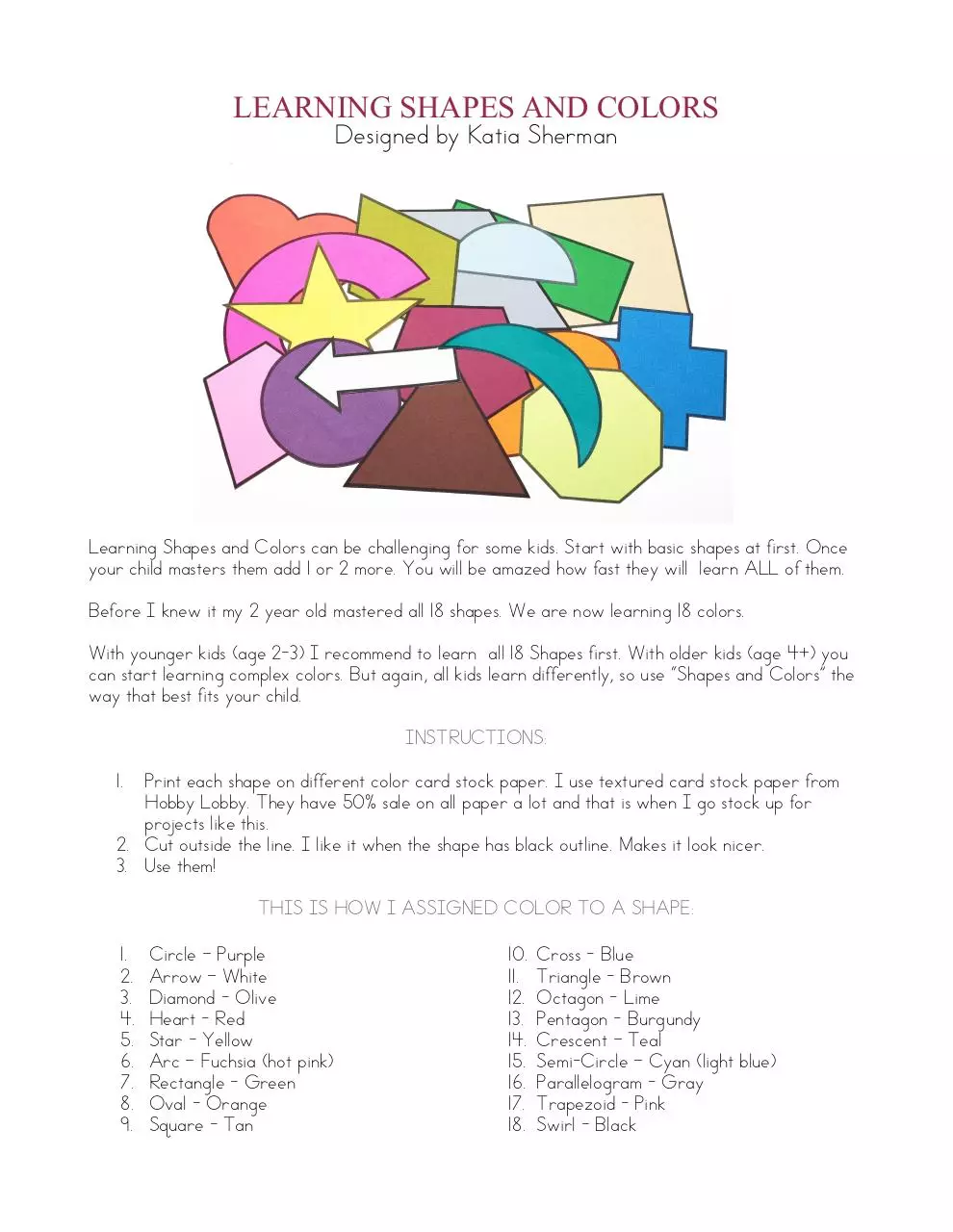 Page 1 of 19, 18 COLORS AND 18 SHAPES