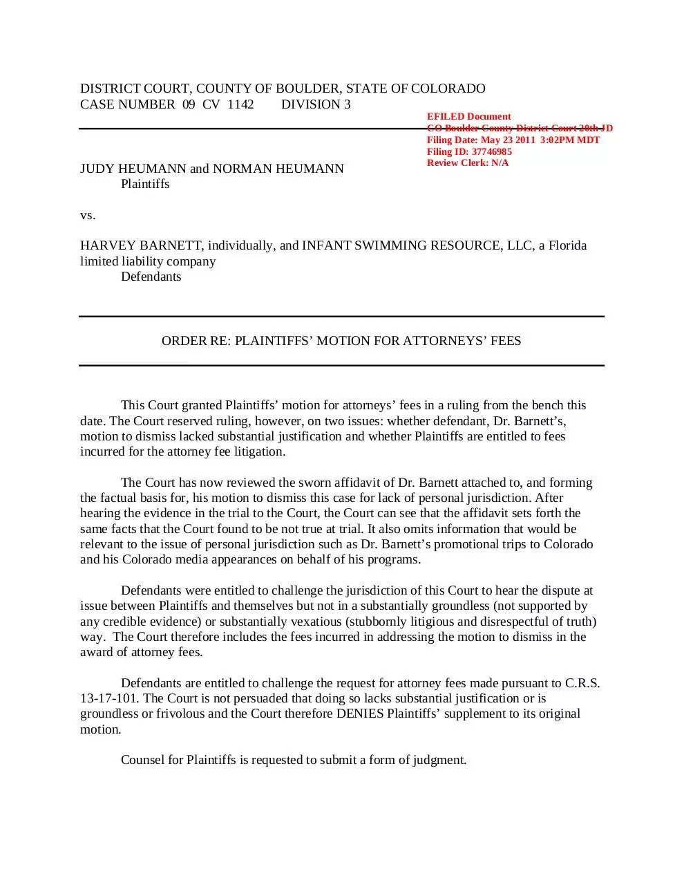 Page 1 of 2, 5 20 11 ORDER Heumann vs. Barnett
