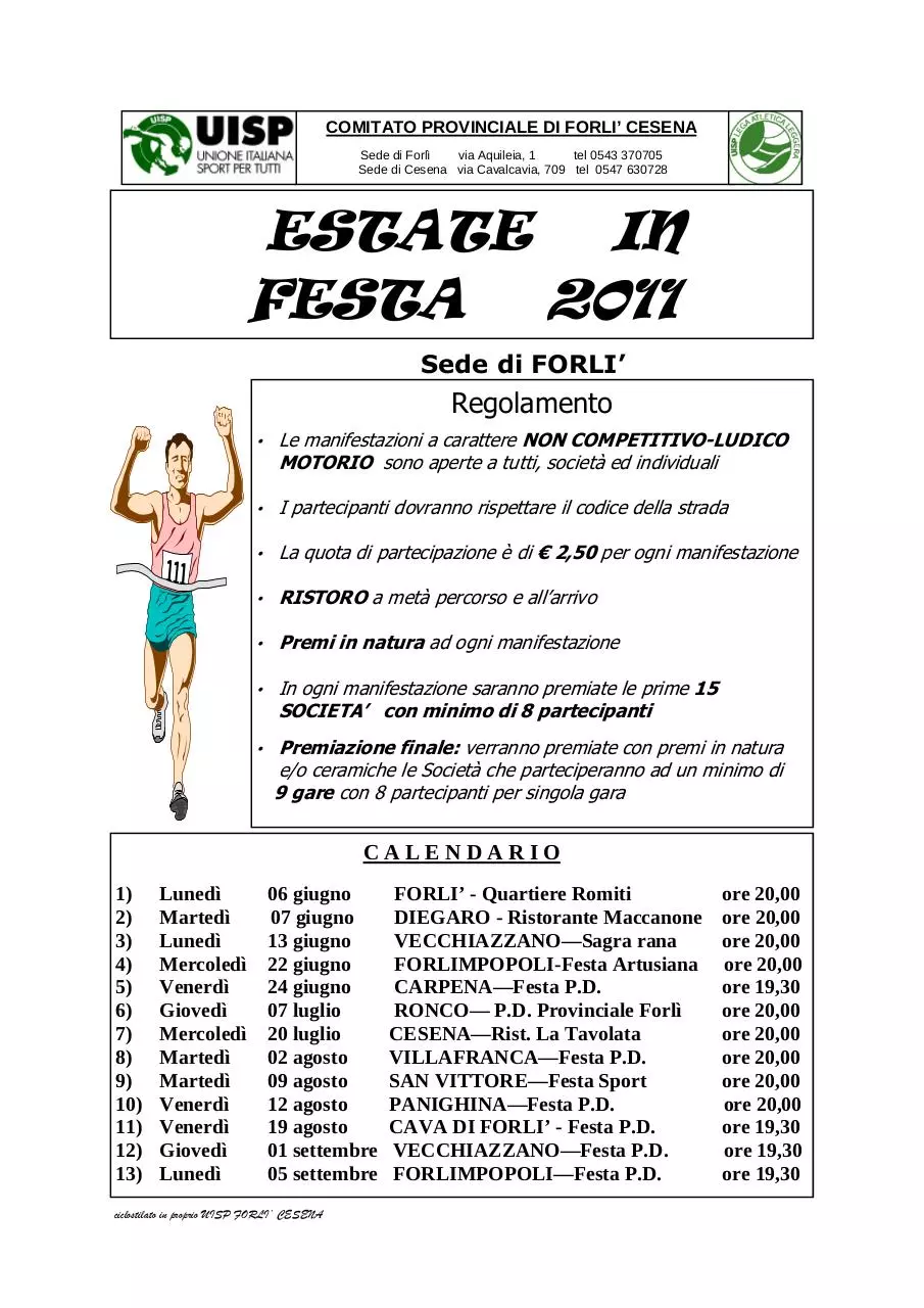 Page 1 of 1, Calendario podistiche ESTATE IN FESTA 2011