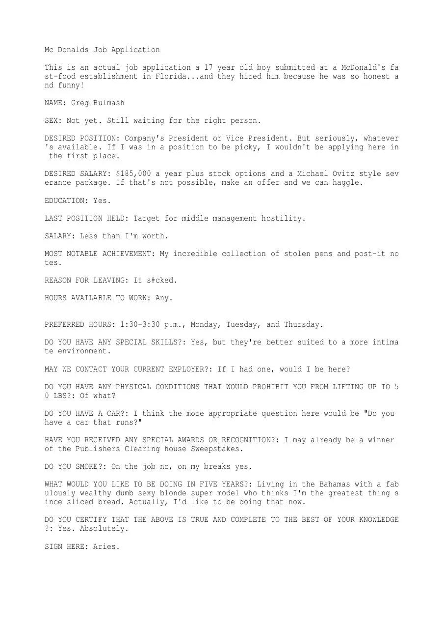 Page 1 of 1, 25629 Funny McDonalds job application