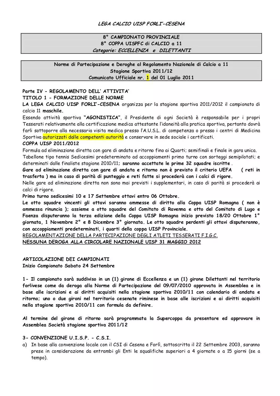 Page 1 of 5, Norme di partecipazione Calcio 11 2011 2012