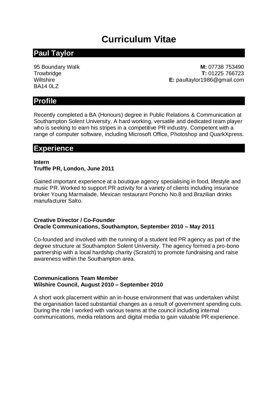 Page 1 of 2, Paul Taylor CV 2011