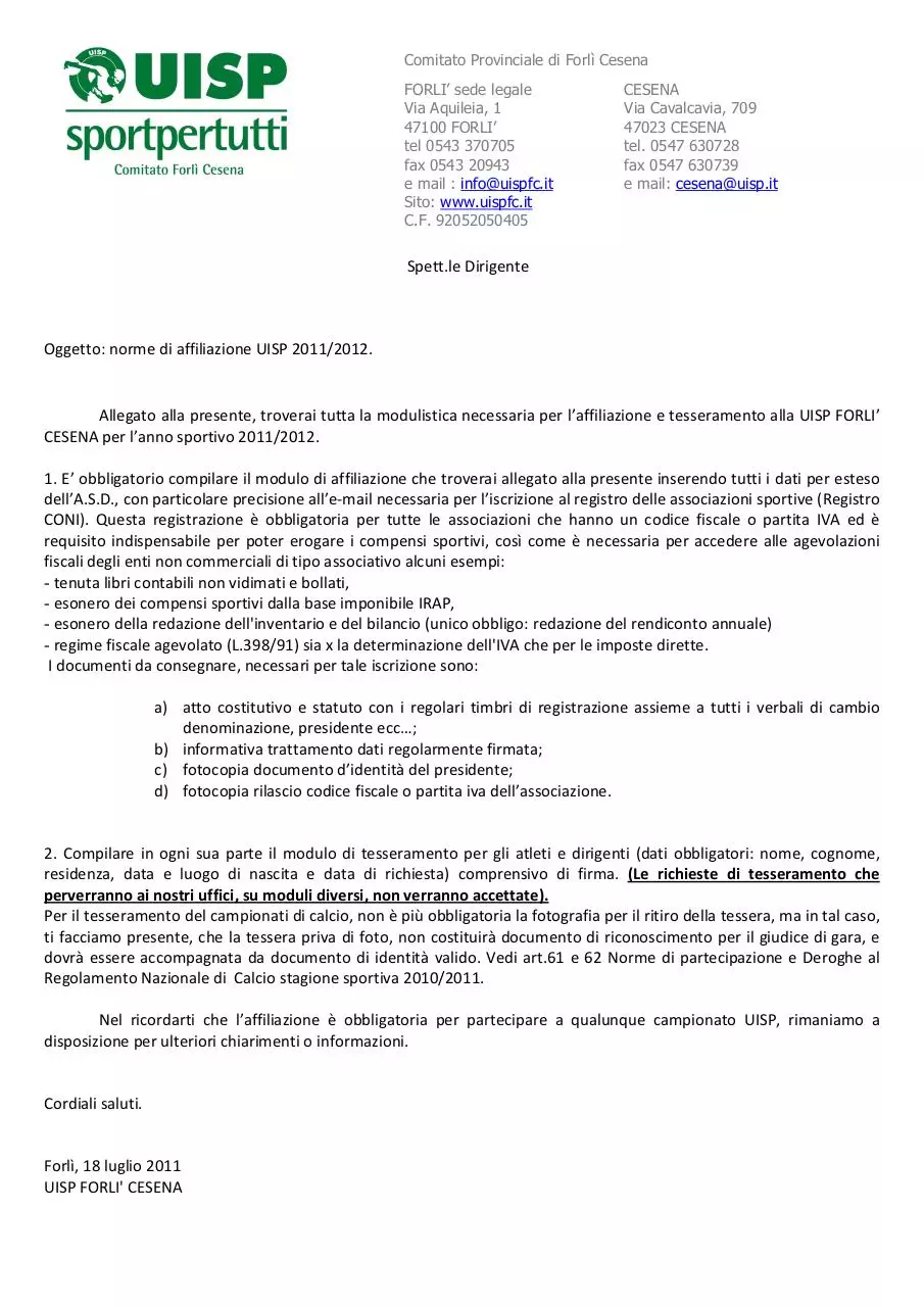 Page 2 of 7, 1.Norme costi affiliazione tessere UISPFC