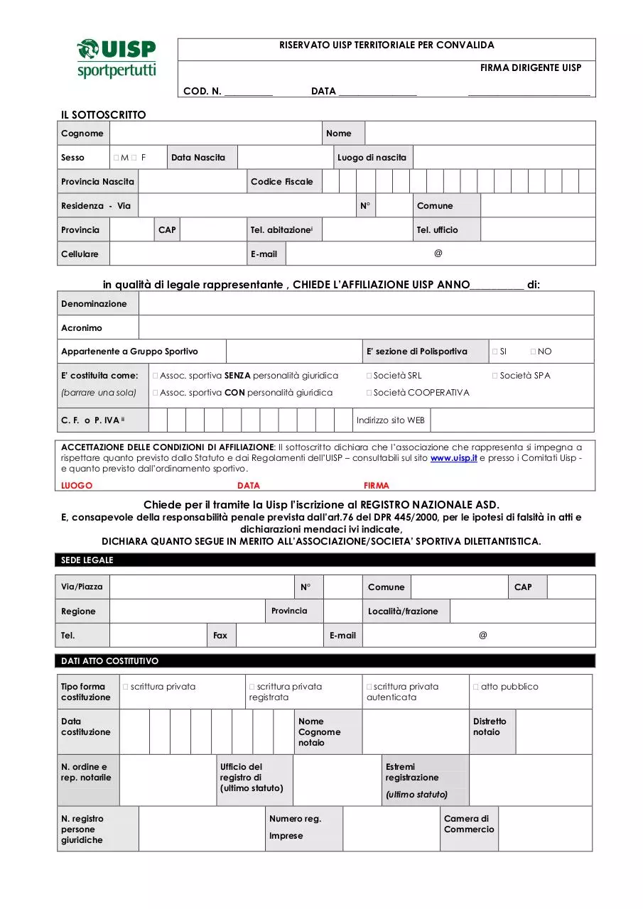 Page 4 of 7, 1.Norme costi affiliazione tessere UISPFC
