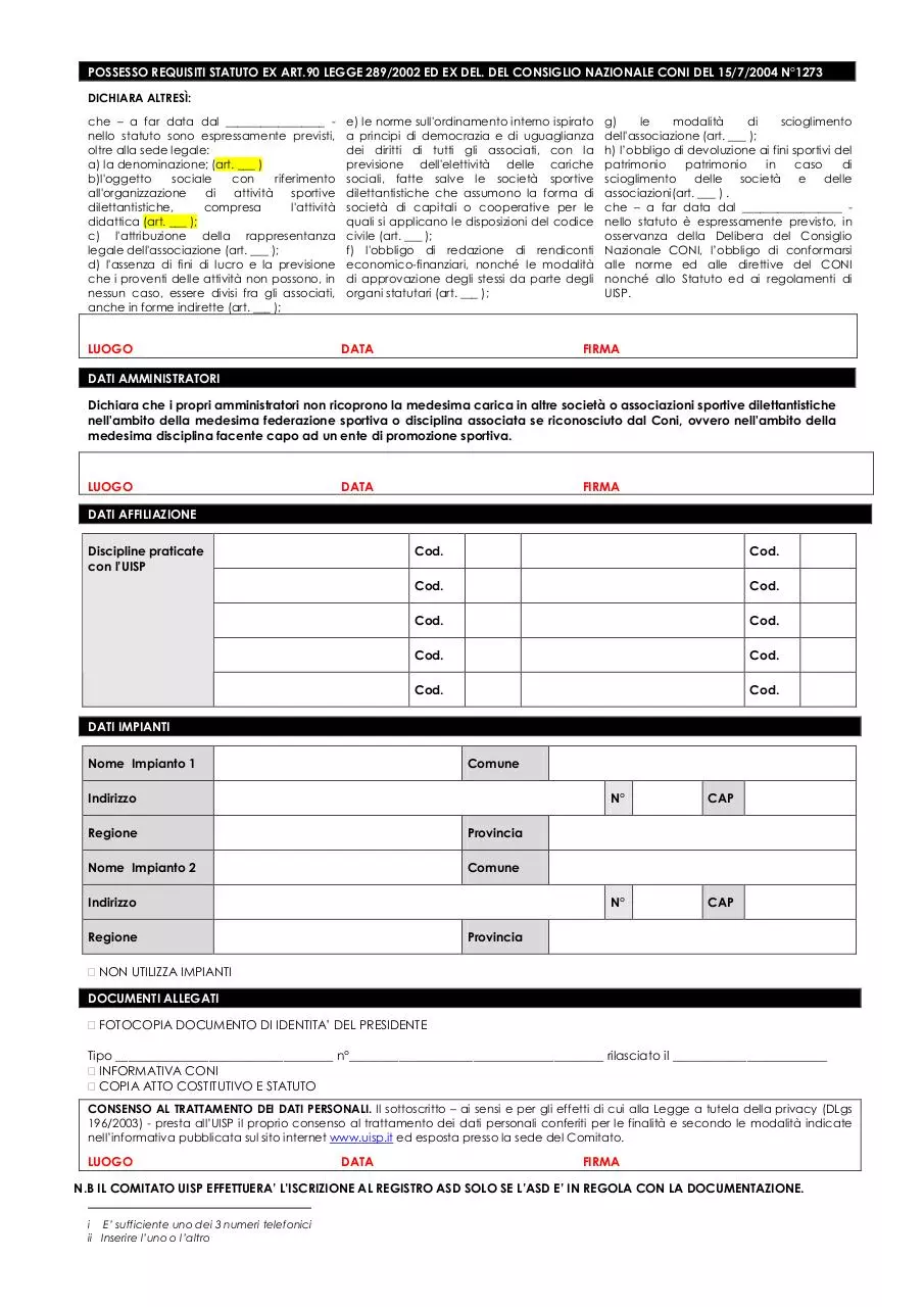 Page 5 of 7, 1.Norme costi affiliazione tessere UISPFC