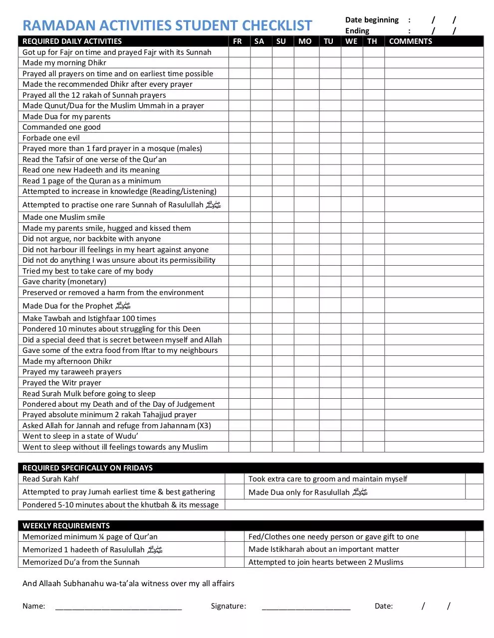 Page 1 of 1, Ramadan Checklist