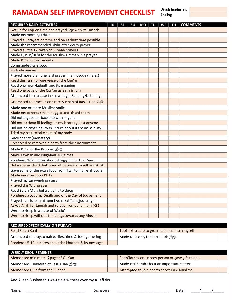 Page 1 of 1, Ramadan Self Improvement Checklist