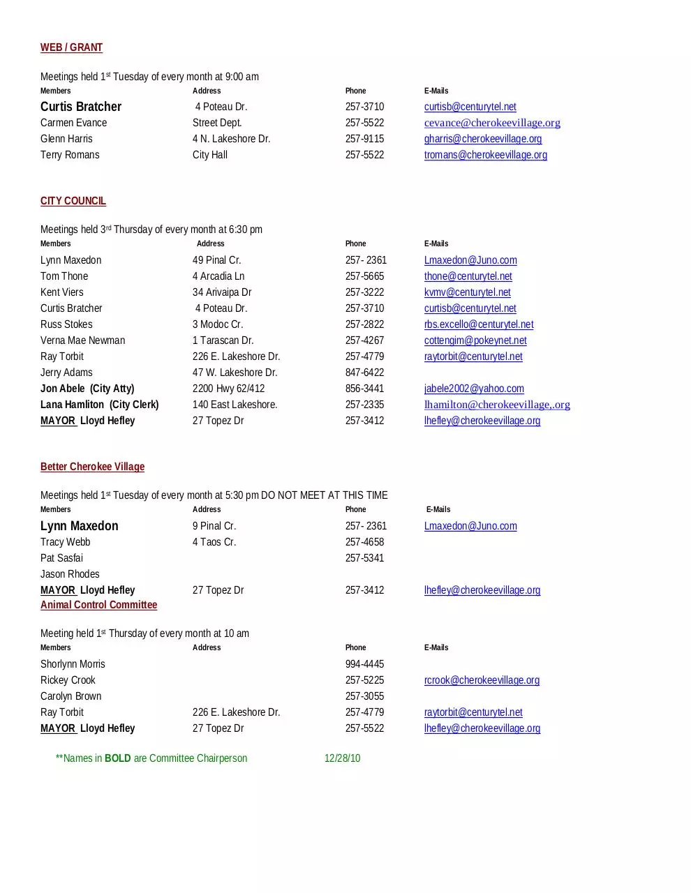 Page 2 of 2, CV Committees as of Dec 2010
