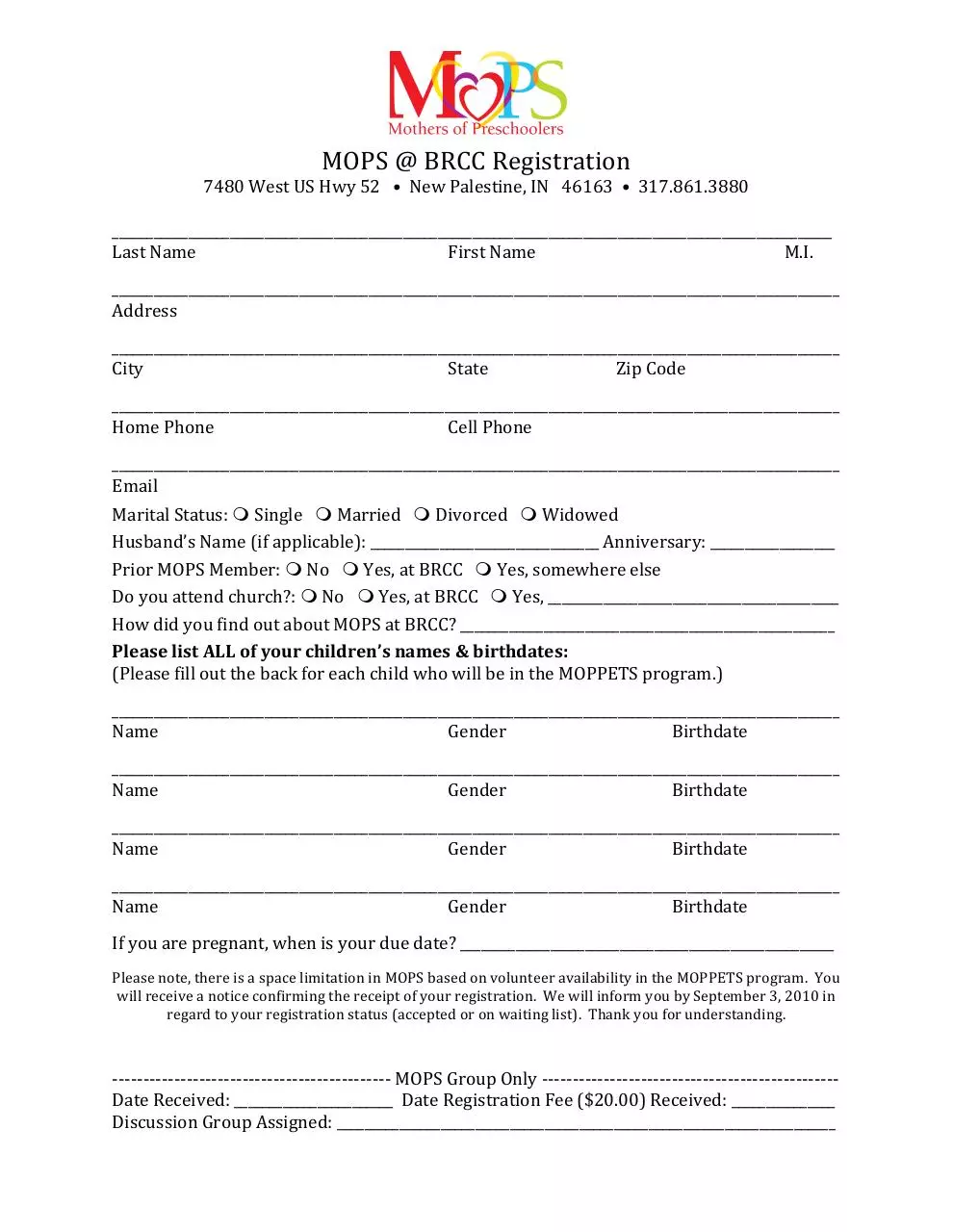 Page 1 of 2, MOPS at BRCC Registration
