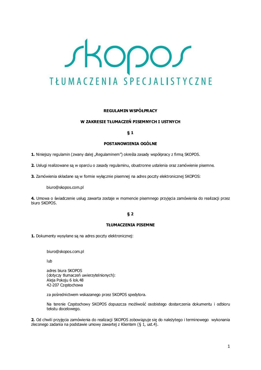 Document preview SKOPOS-REGULAMIN WSPÃ“ÅPRACY W ZAKRESIE TÅUMACZEÅƒ .pdf - page 1/4