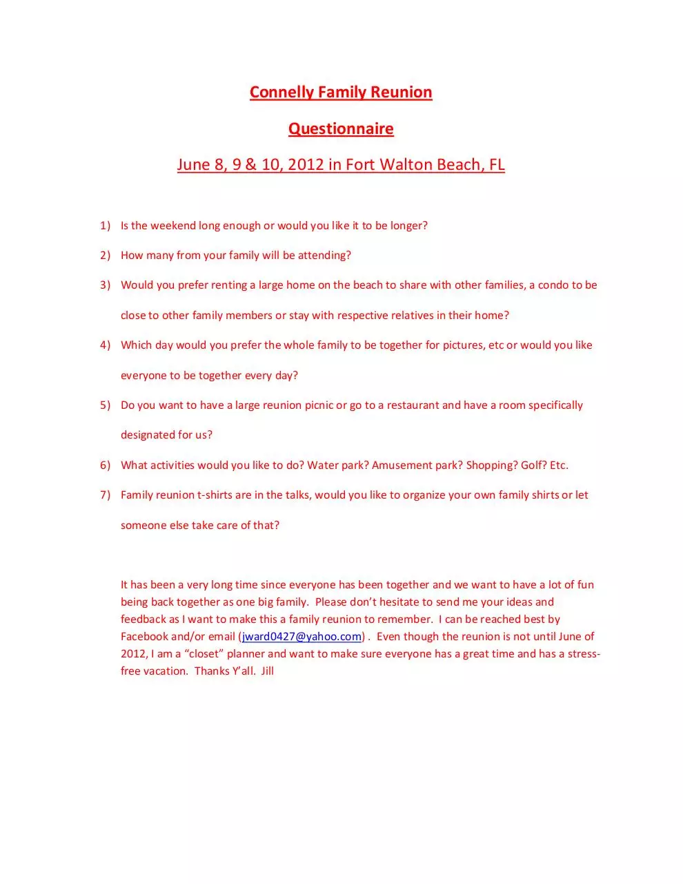 Page 1 of 1, Connelly Family Reunion Questionnaire