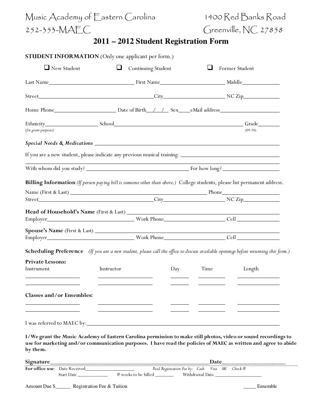 Page 1 of 1, 11 12 Student Registration Form