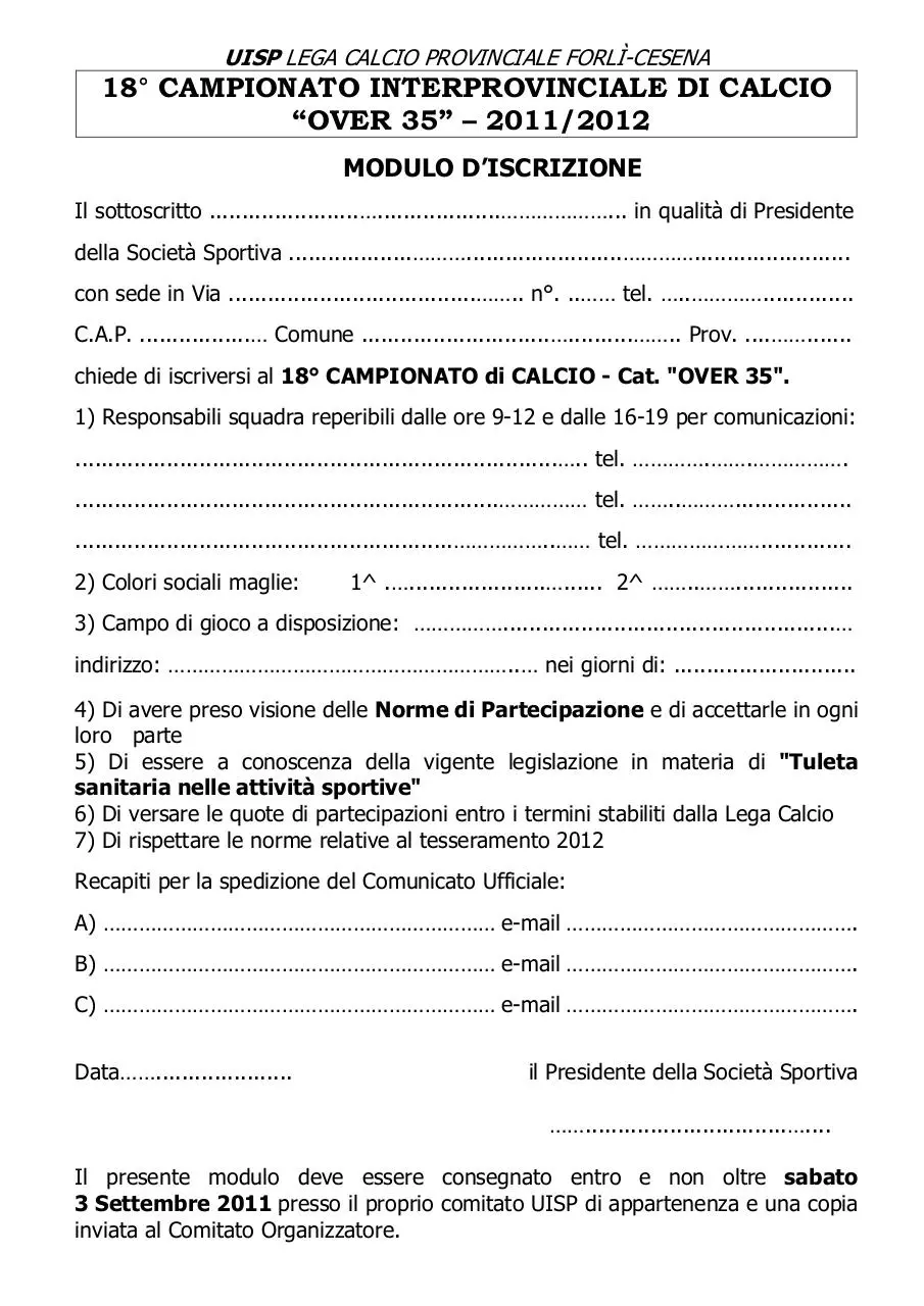 Page 1 of 1, Modulo iscrizione Over 35