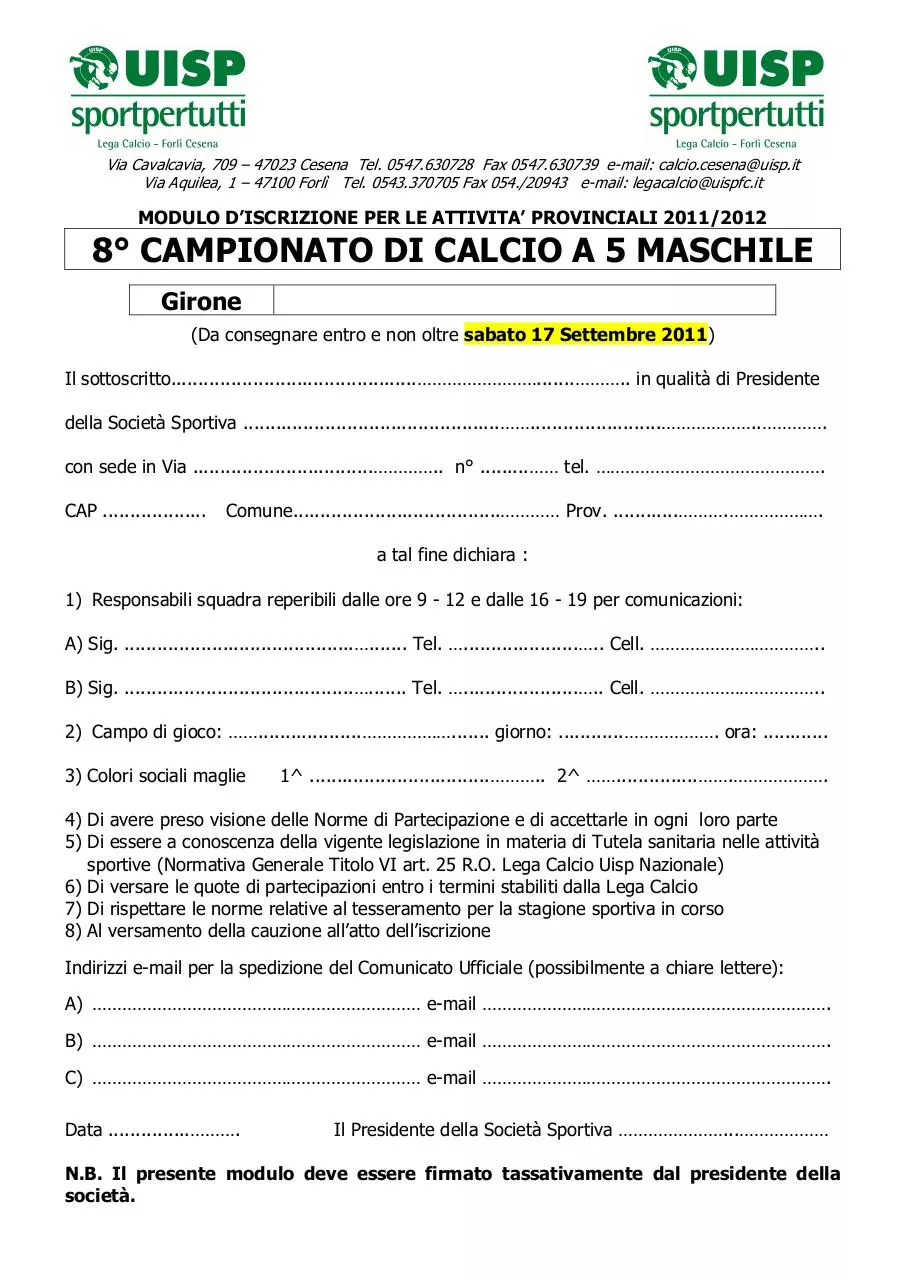 Page 1 of 2, Calcio a 5 materiale iscrizione