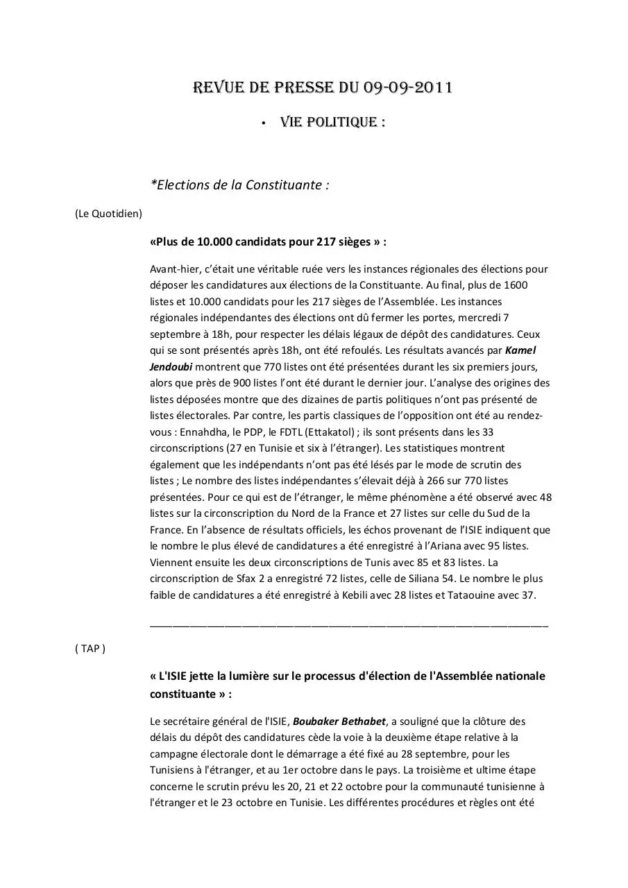 Page 1 of 4, REVUE POLITIQUE DU 09 09 2011