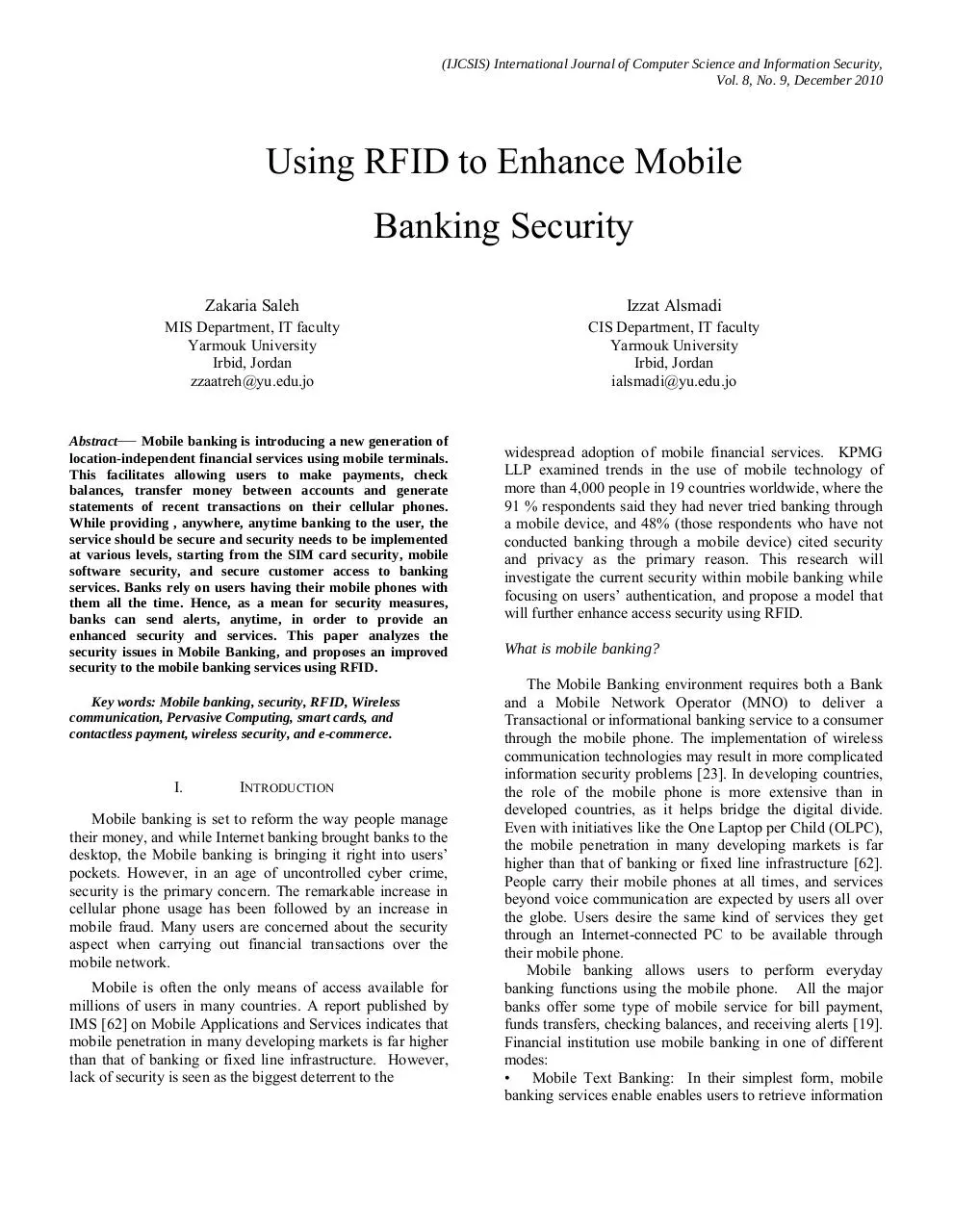 Page 1 of 7, Using RFID to Enhance Mobile Banking Security