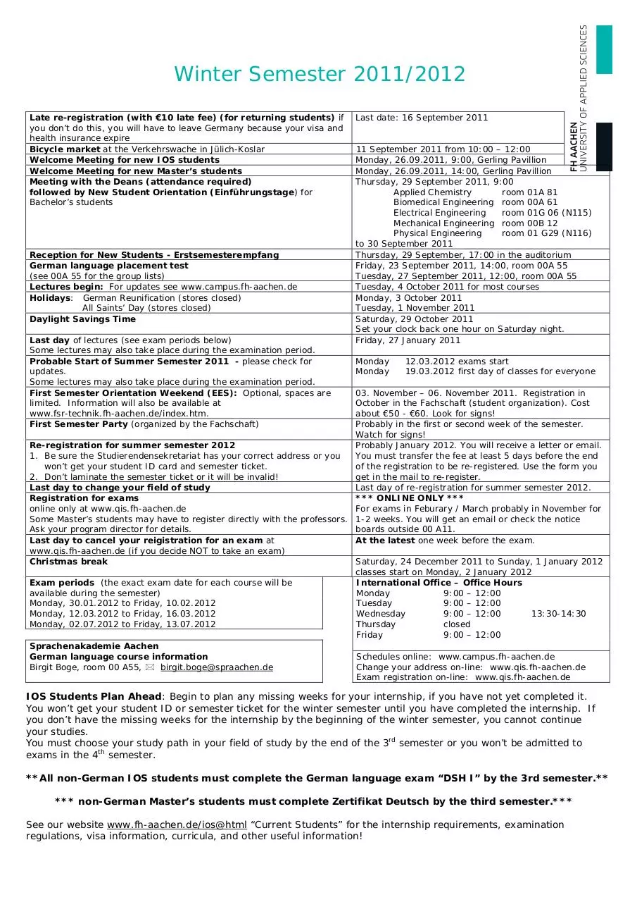 Page 1 of 1, Semester Schedule winter 2011 2012