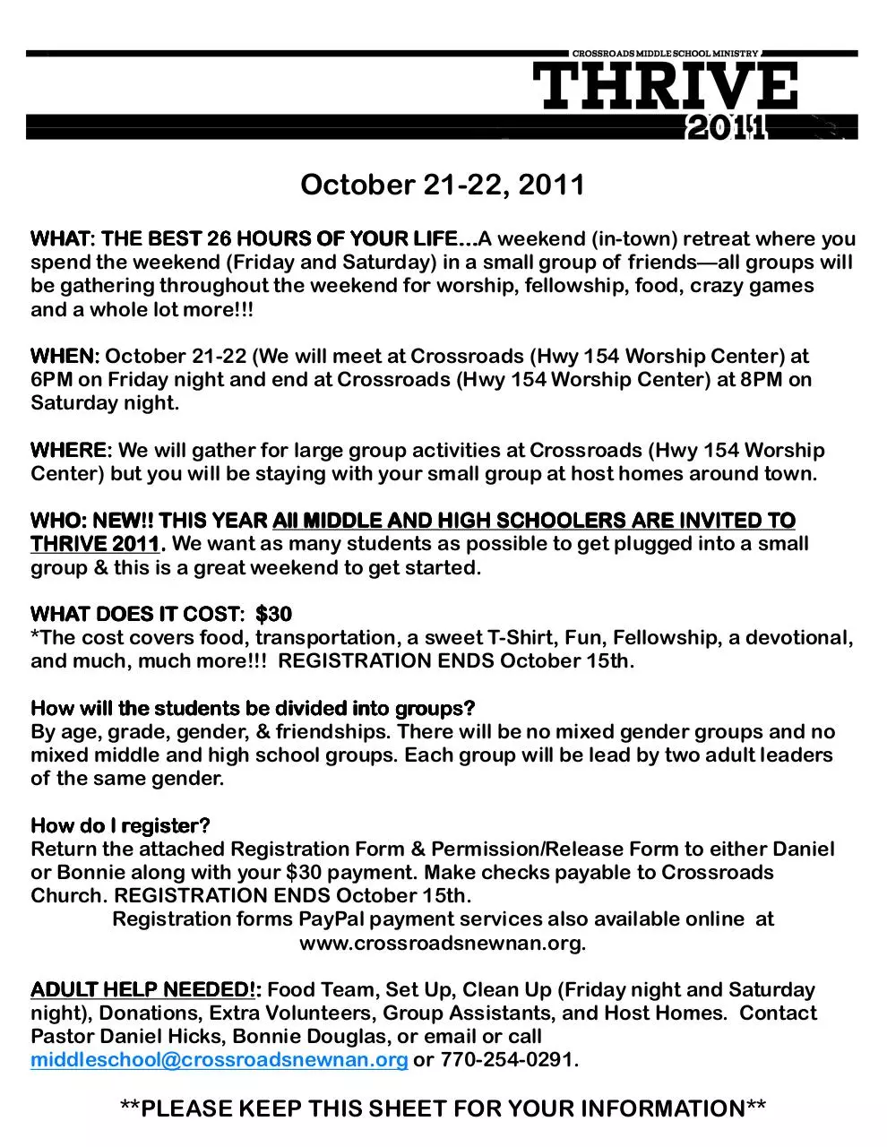 Page 2 of 2, THRIVE 2011 Registration and Info Forms