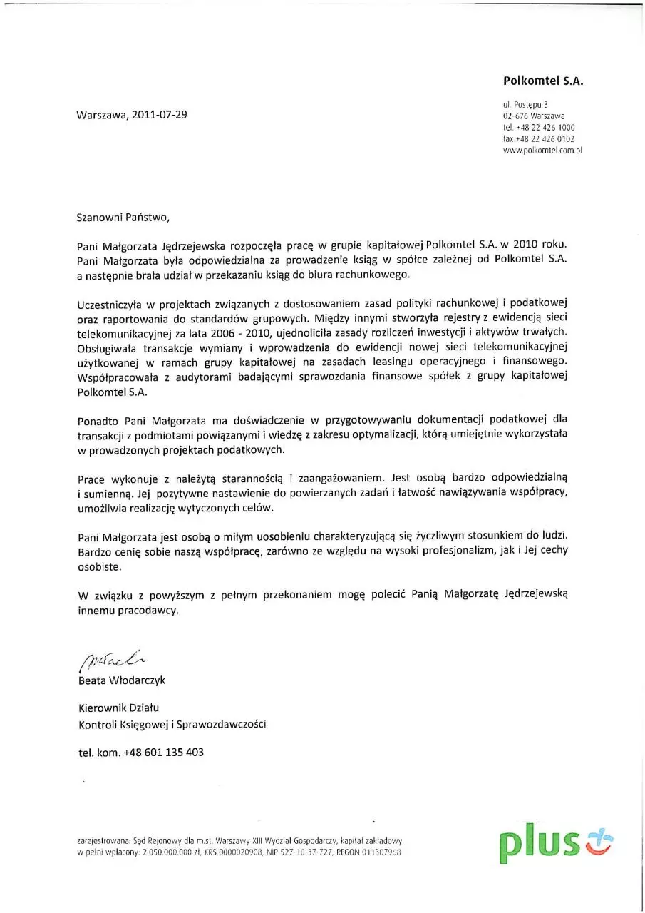Page 1 of 1, Malgorzata Jedrzejewska Referencje1 Polkomtel 2011
