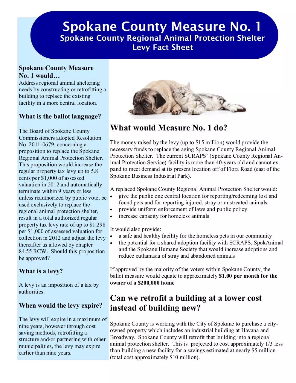 Page 1 of 2, Spokane Regional Animal Shelter Levy Fact Sheet Final