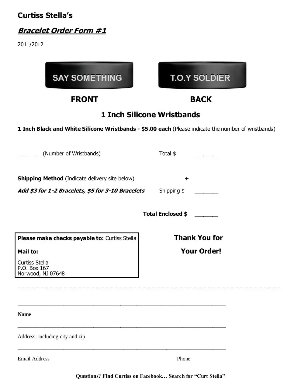 Page 1 of 1, ORDER FORM 1 1 Inch Silicone Wristbands