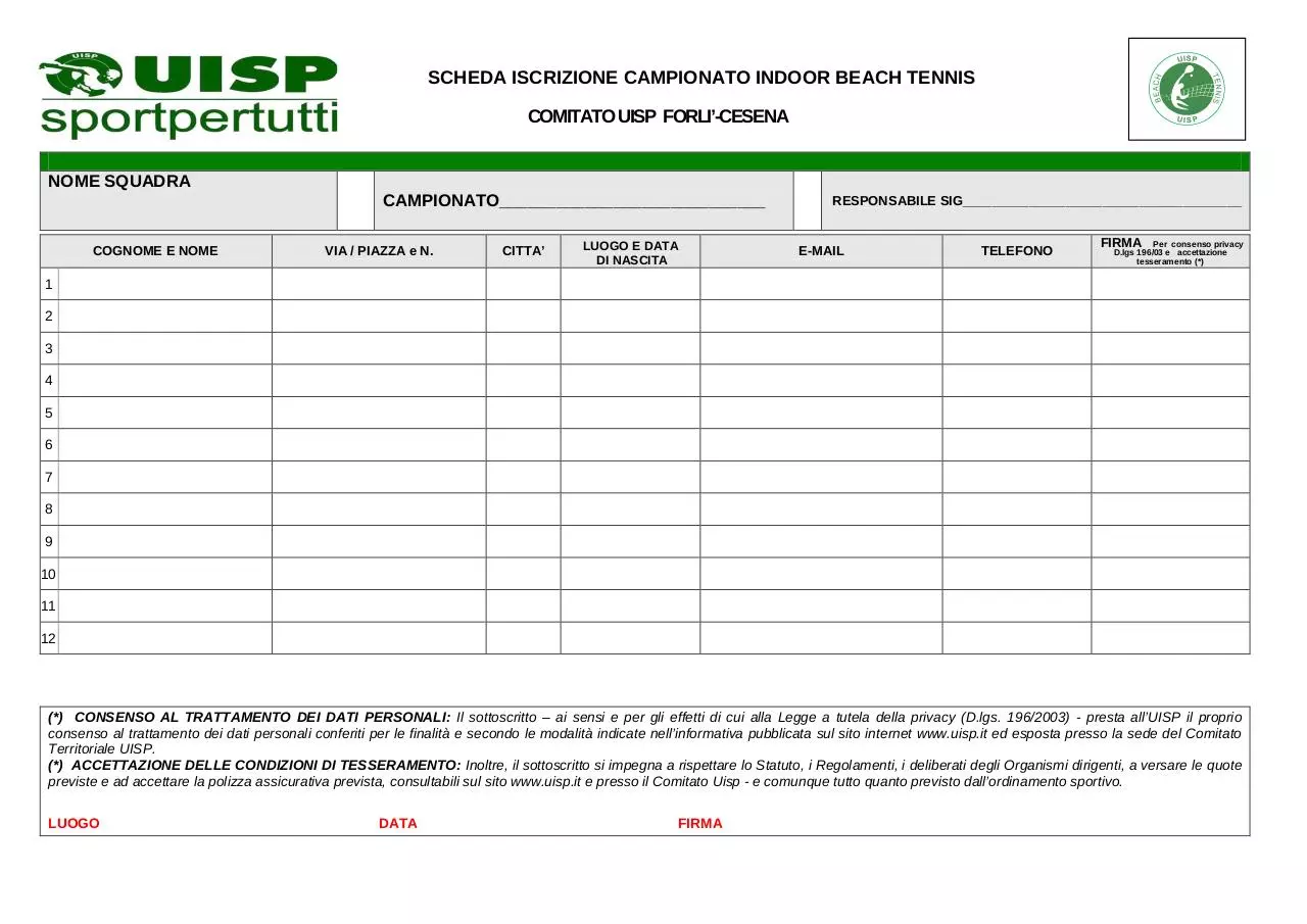 Page 1 of 1, TESSERAMENTO Modulo 2012