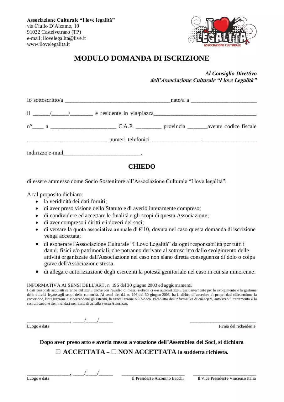 Page 1 of 1, Domanda di iscrizione