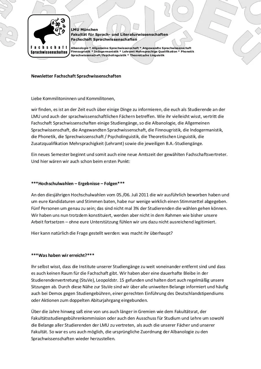 Page 1 of 3, Newsletter Fachschaft Sprachwissenschaften WS1112