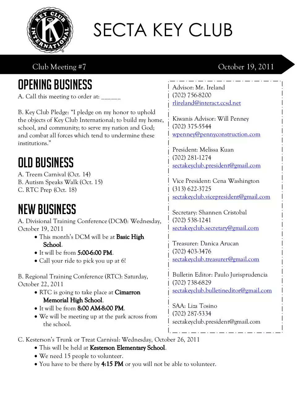 Page 1 of 2, Key Club Agenda #7