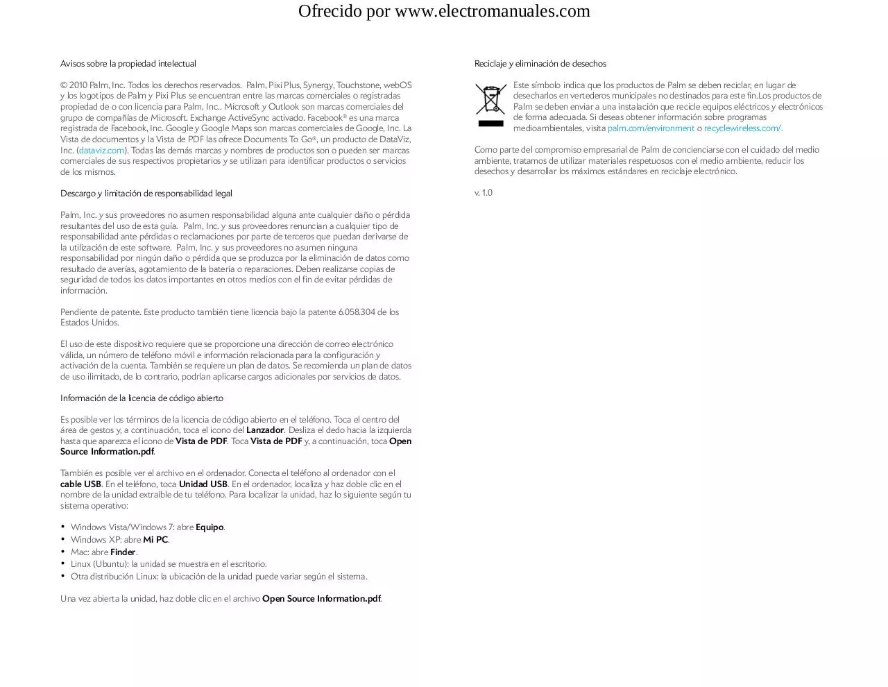 Page 2 of 220, Manual de Usuario Palm Pixi Plus