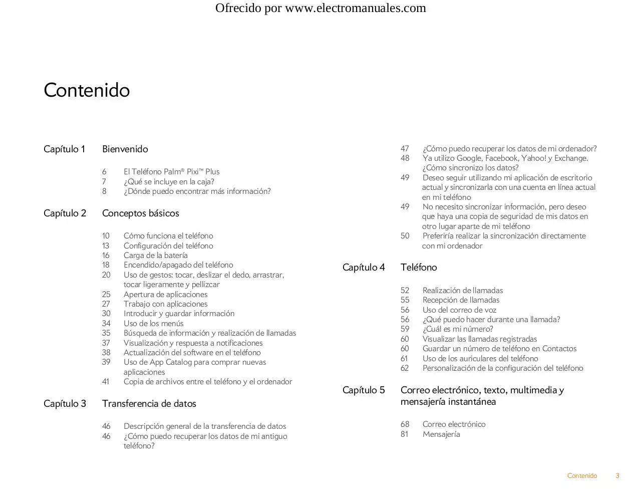 Page 3 of 220, Manual de Usuario Palm Pixi Plus