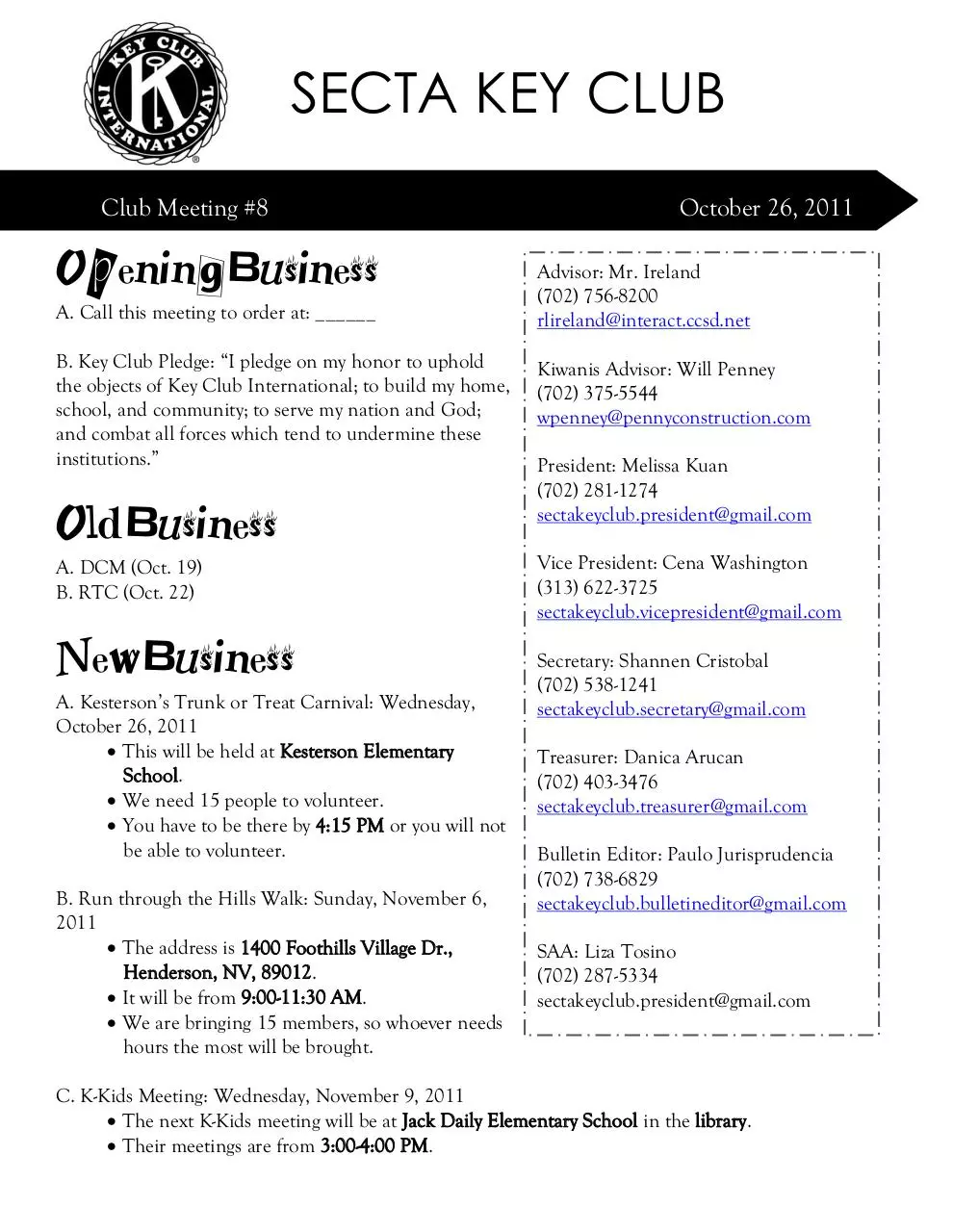 Page 1 of 2, Key Club Agenda #8