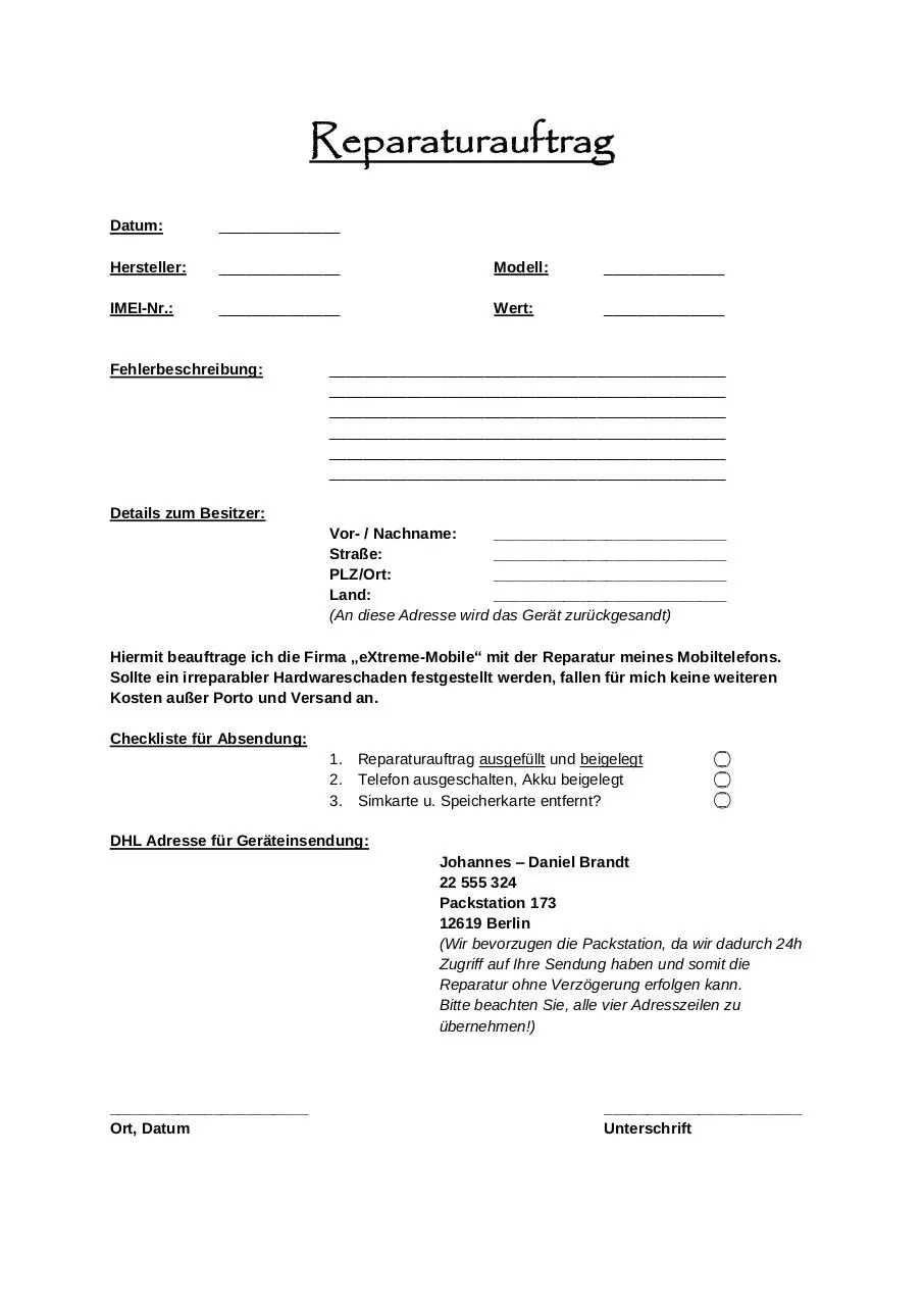 Page 1 of 1, telefon reparaturauftrag