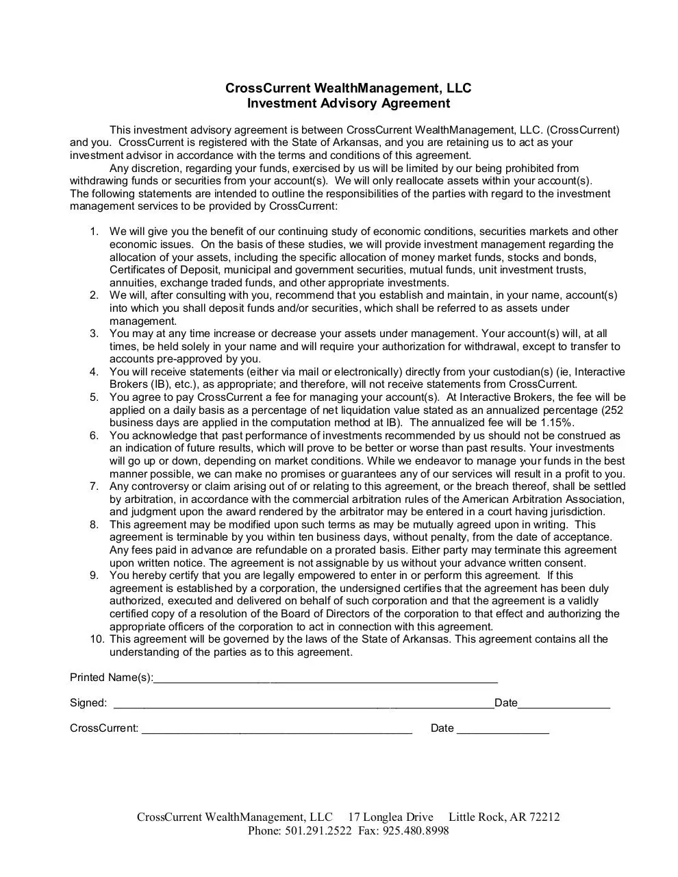 Page 1 of 1, cc Investment Advisory Agreement