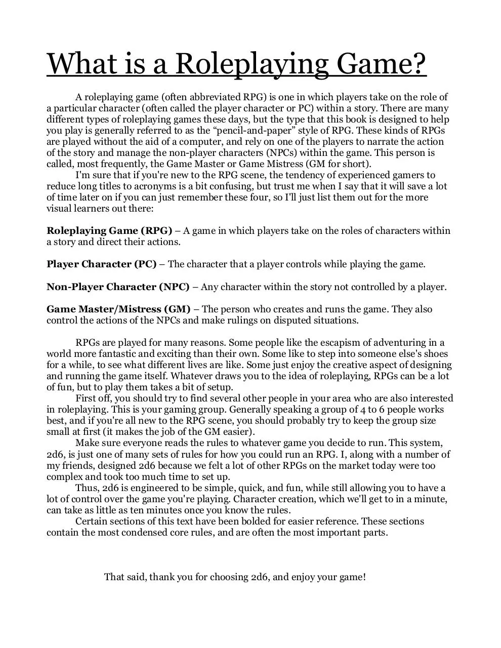 Page 2 of 34, 2d6 Core Rules Gamma