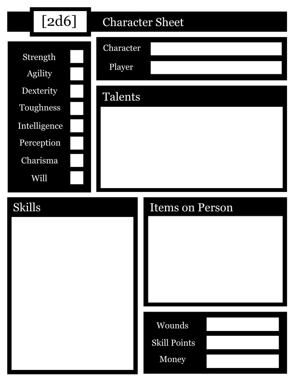 Page 1 of 1, 2d6 Character Sheet