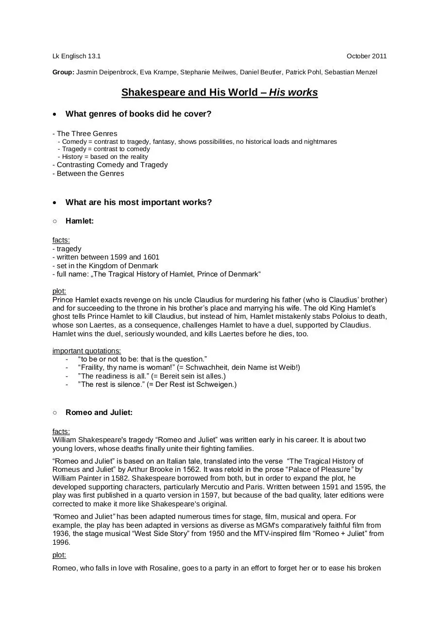 Page 1 of 2, Shakespeare and His World His works