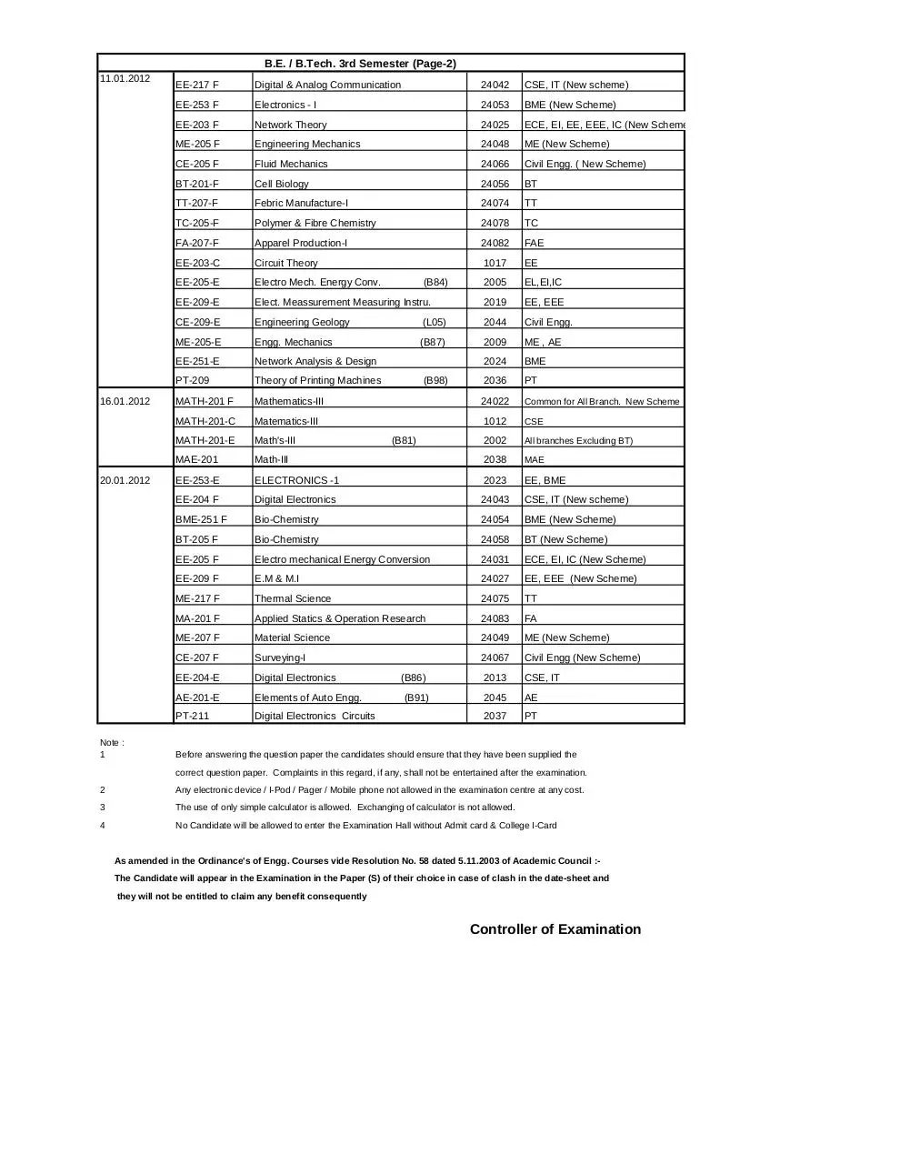 Page 3 of 12, Date Sheet, B.Tech Dec 2011 & Jan 2012,