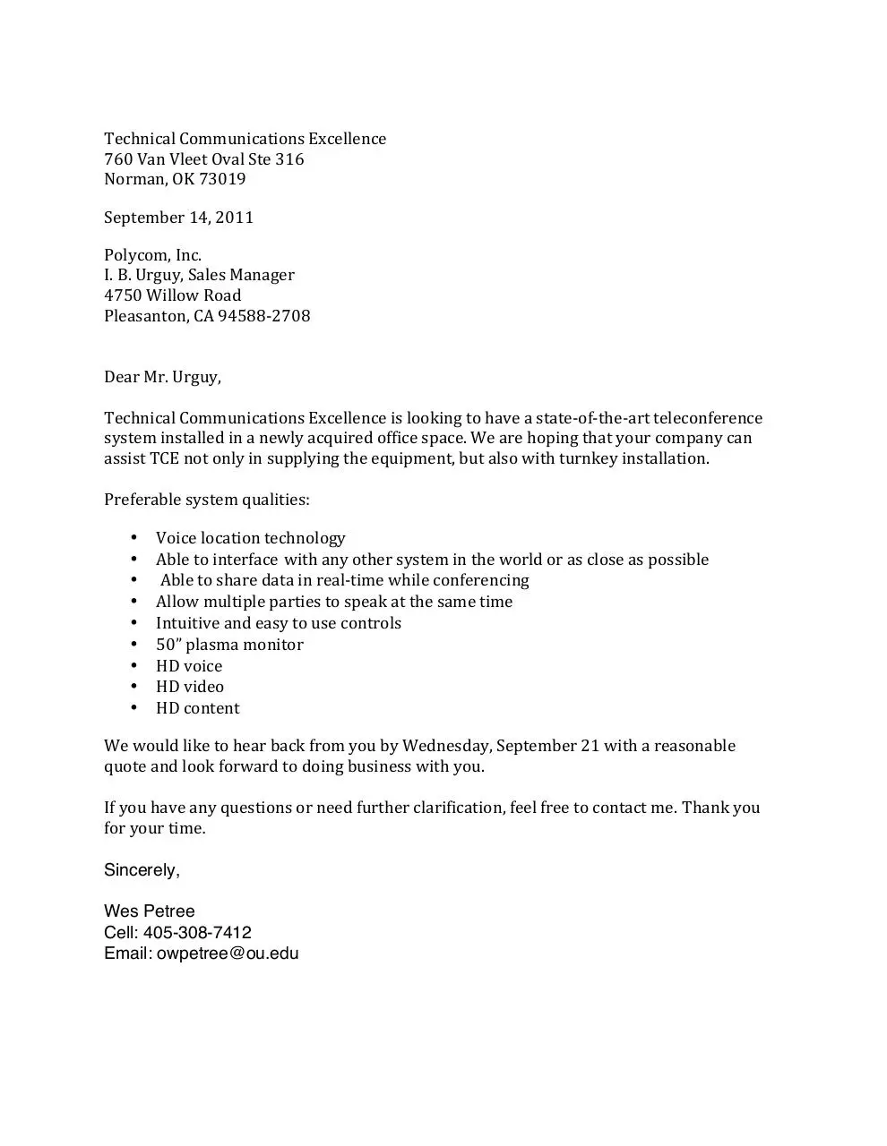 Page 1 of 1, Letter of Inquiry