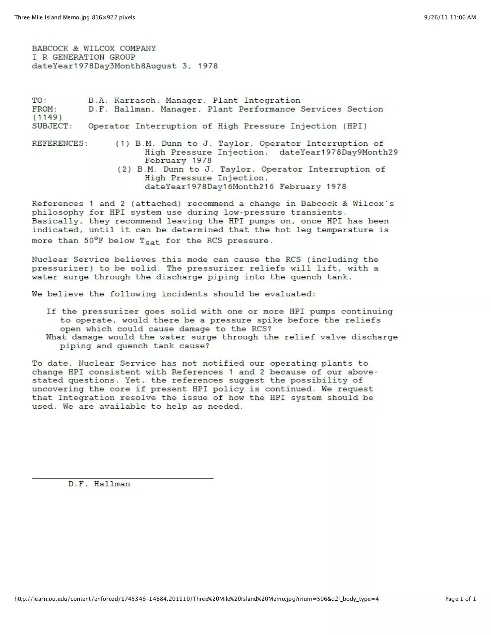 Page 1 of 1, Three Mile Island Memo