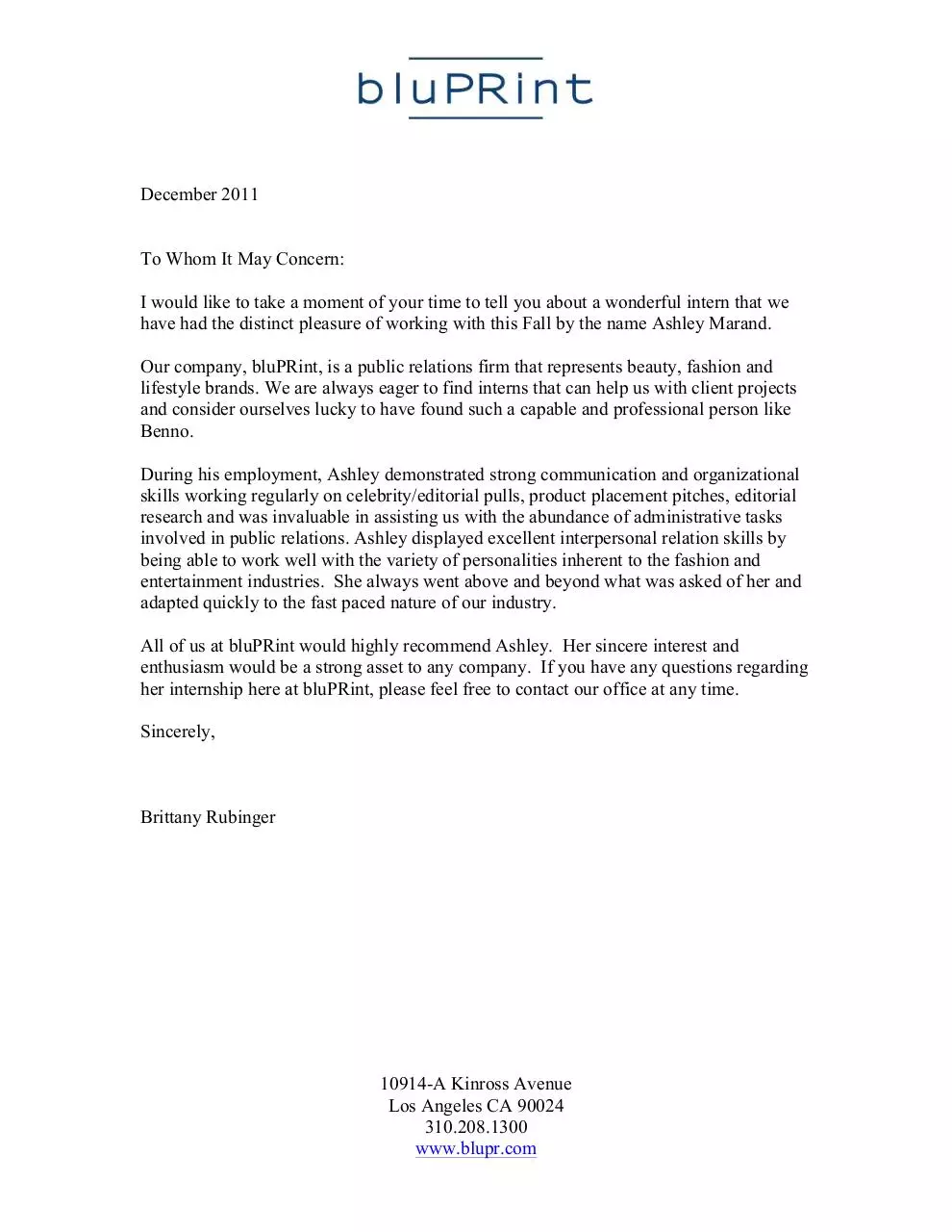 Page 1 of 1, Marand Ashlley bluPRintPR Recommendation
