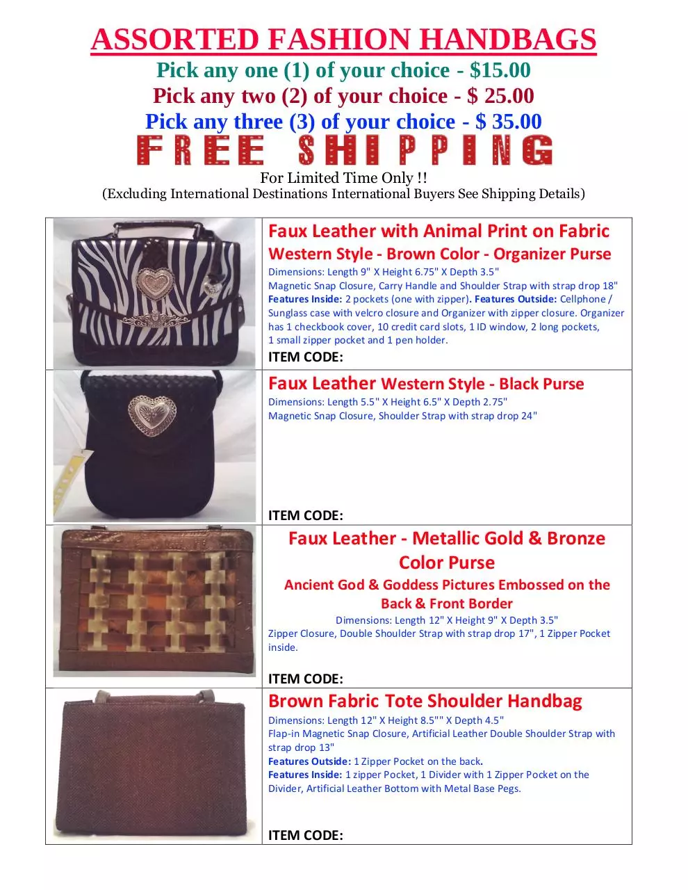 Page 1 of 5, ASSORTED FASHION HANDBAGS