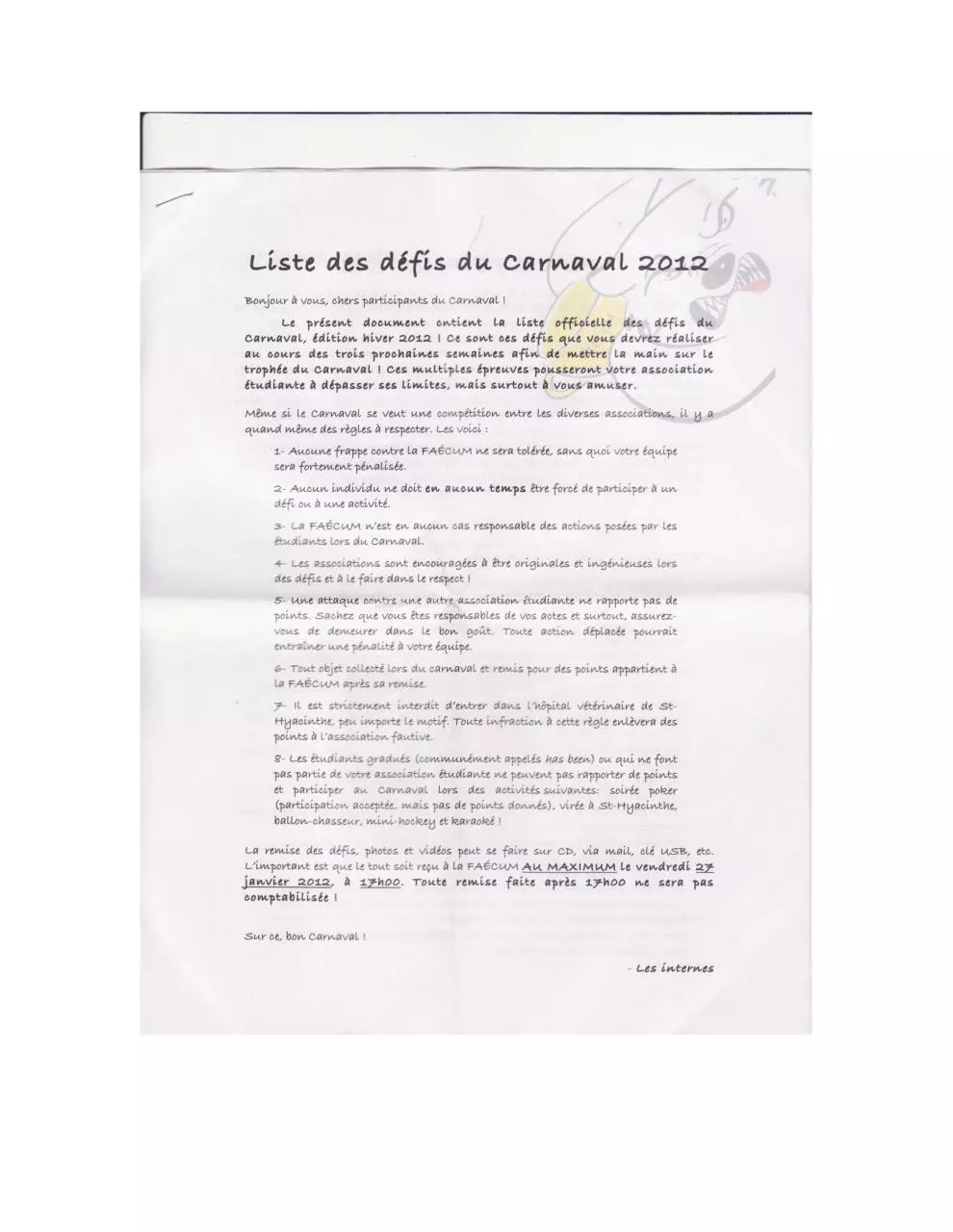 Page 1 of 10, carnaval 2012 liste défis