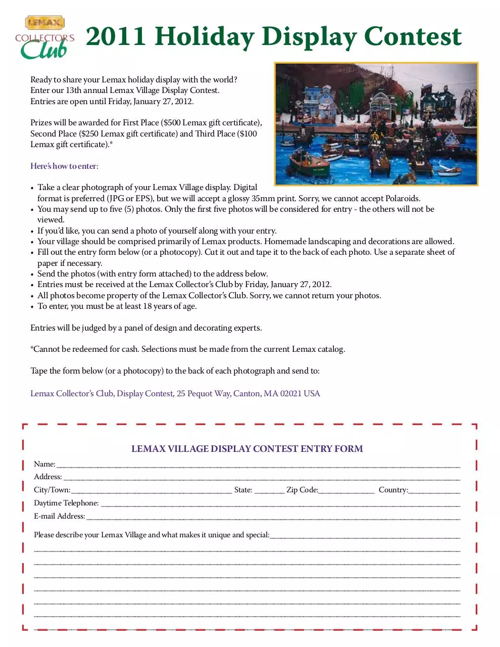 Page 1 of 1, Lemax Contest Entry Form 2011
