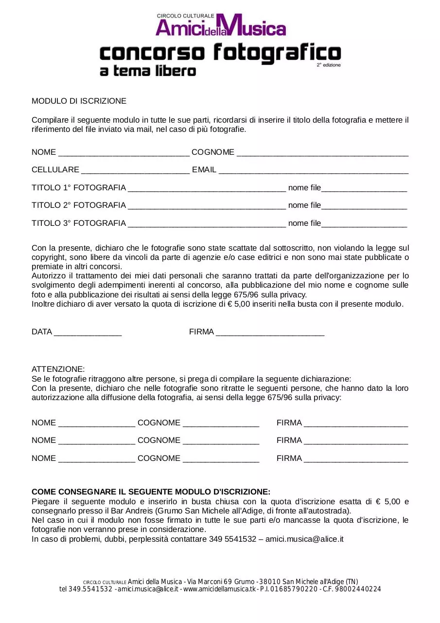 Page 1 of 1, Modulo iscrizione Concorso Fotografico