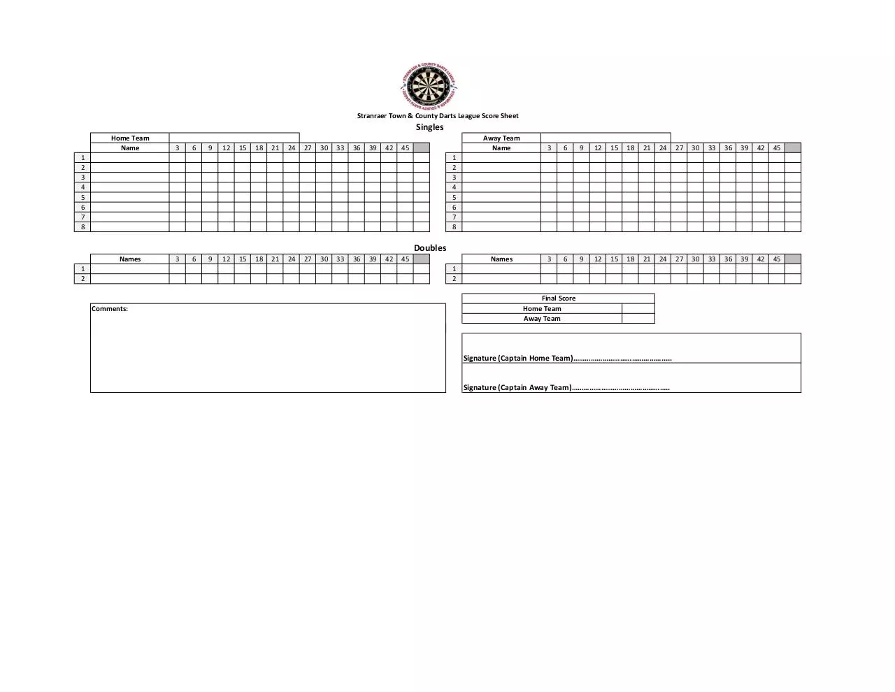 Page 1 of 1, Darts Score Sheet