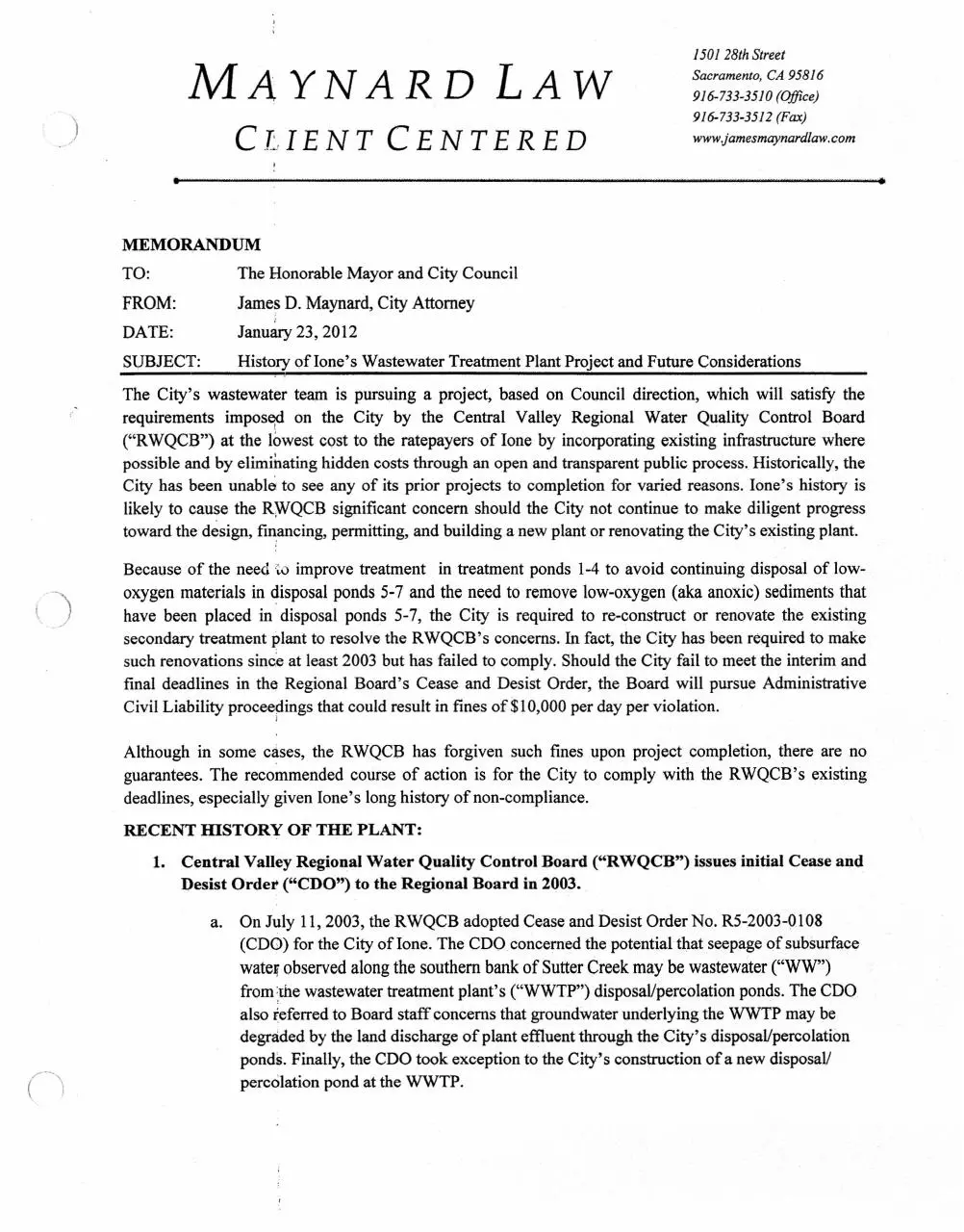 Page 1 of 12, MaynardLaw LettertoMayor IoneWastewaterRecommendations