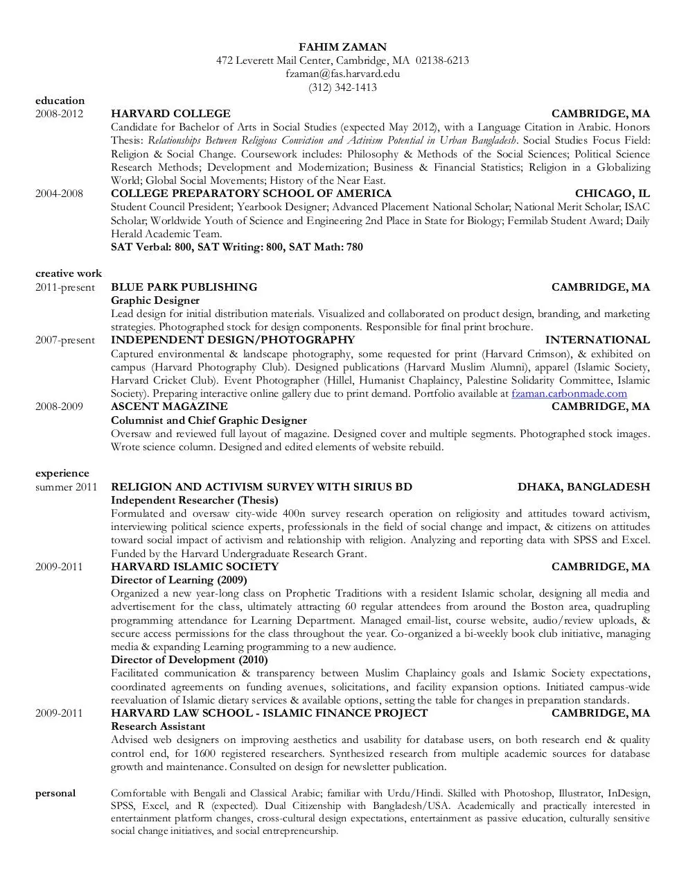 Page 1 of 1, Fahim Zaman Creative Resume