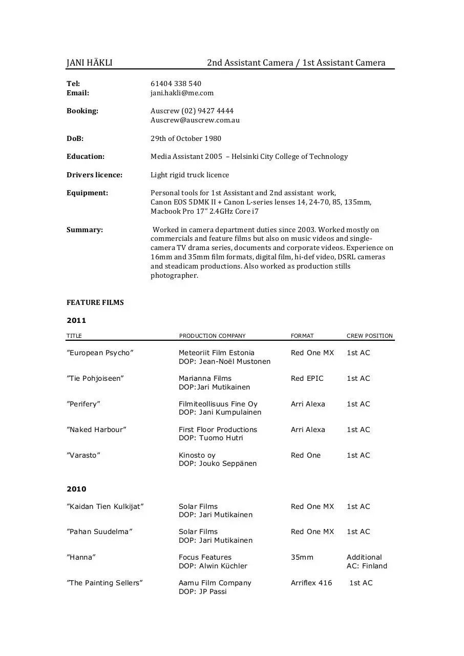 Page 1 of 3, JANI HÄKLI1st Assistant CameraCV
