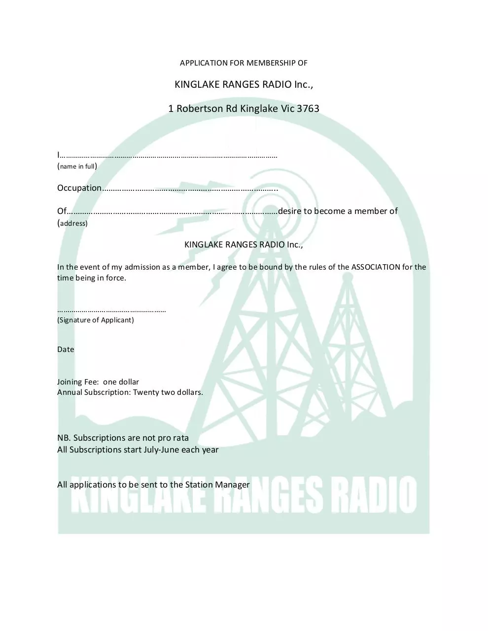 Page 1 of 1, APPLICATION FOR MEMBERSHIP
